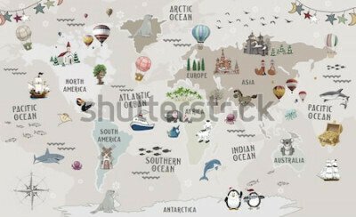 Sticker Animals world map for kids wallpaper design