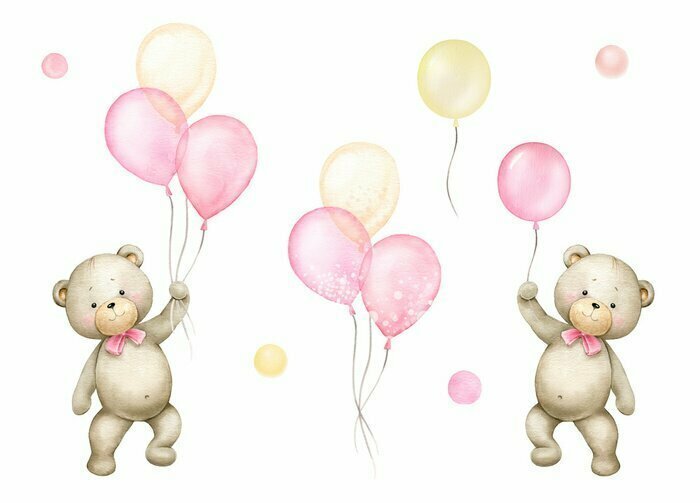 Sticker Cute little bears girls with pink and gold air balloons.Watercolor illustration for baby girl shower invitation isolated on white background.