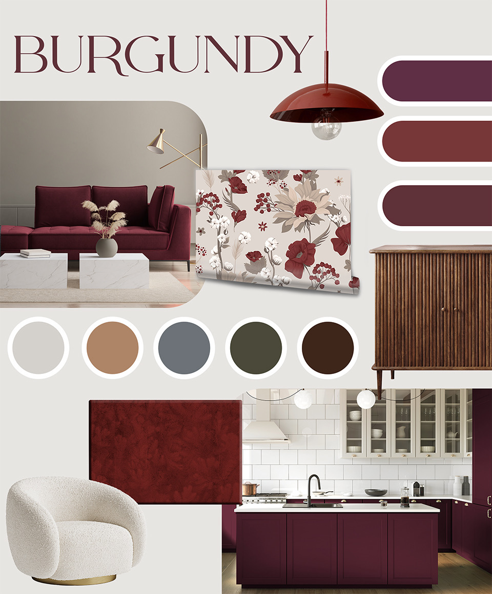 Burgunderrote Elemente für den Raum