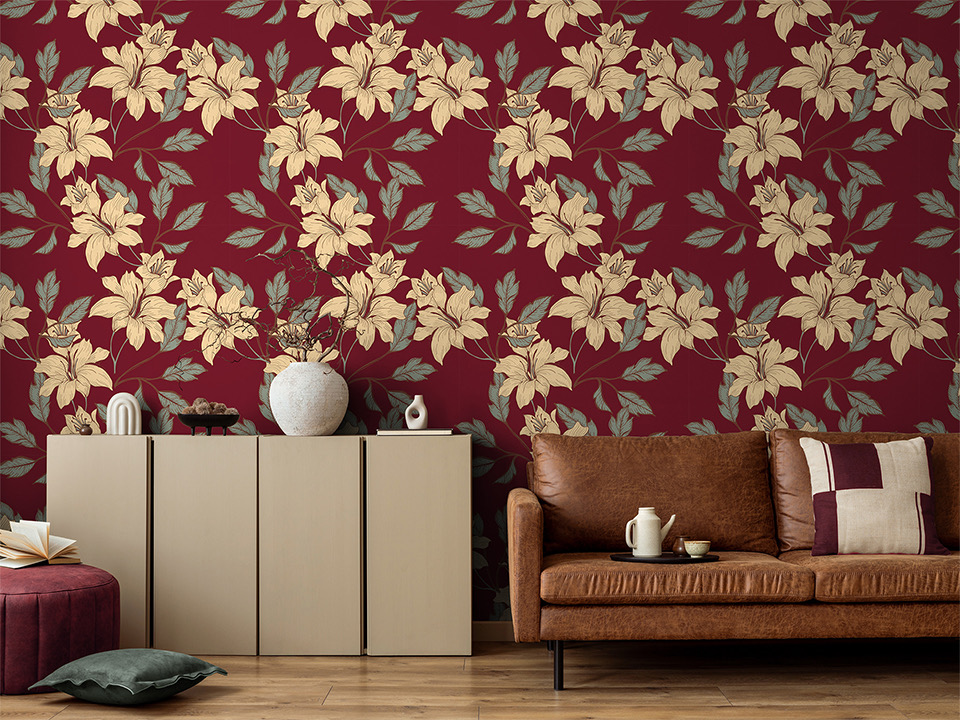 Tapete Blumen auf burgunderrotem Hintergrund