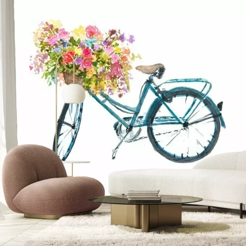 Sticker Retro blauen Fahrrad mit Blume auf weißem Hintergrund, Aquarell Illustrator, Fahrrad Kunst