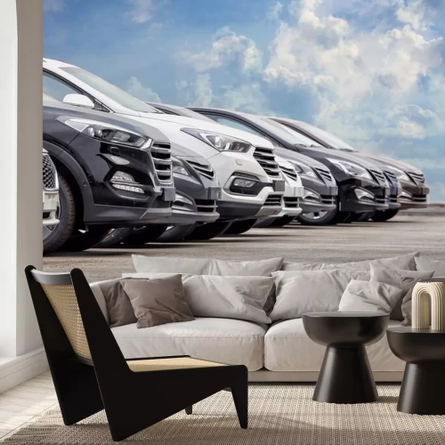 Sticker Motorhauben moderner Autos in einer Reihe geparkt