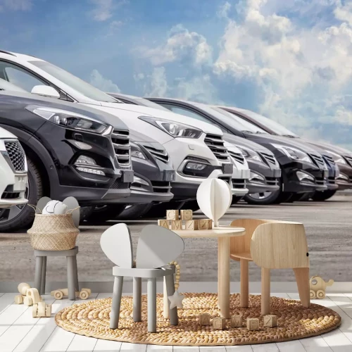 Sticker Motorhauben moderner Autos in einer Reihe geparkt