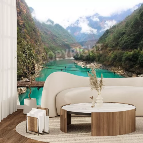 Fototapete Hängebrücke aus Holz in Bergen