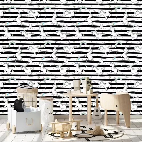 Tapete Einhörner auf schwarz-weißem Hintergrund