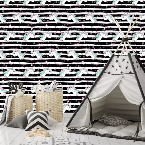 Tapete Regenbogenpferde auf Streifen-Hintergrund