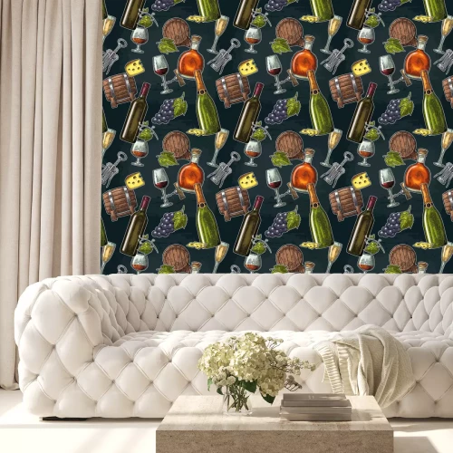 Tapete Nahtlose Muster Getränke aus Trauben. Wein, Schnaps, Sektflasche, Glas
