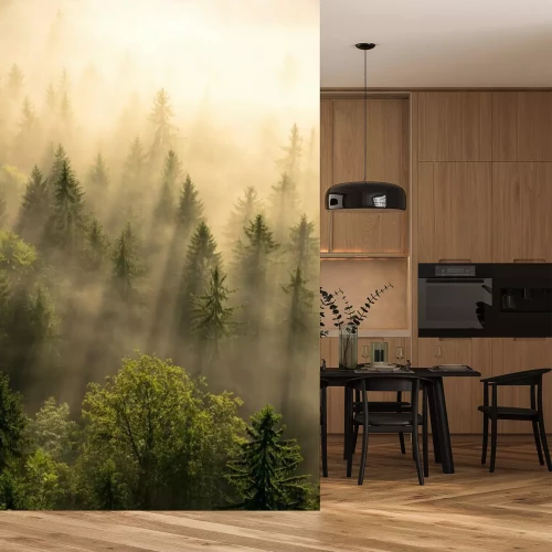 Sticker Bäume im goldenen Morgennebel