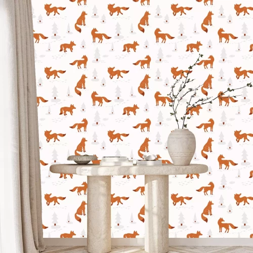 Tapete Füchse und verschneite Tannenbäume auf rosa Hintergrund