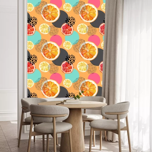 Tapete Zitronen- und Orangenscheiben auf farbigem Hintergrund mit Punkten