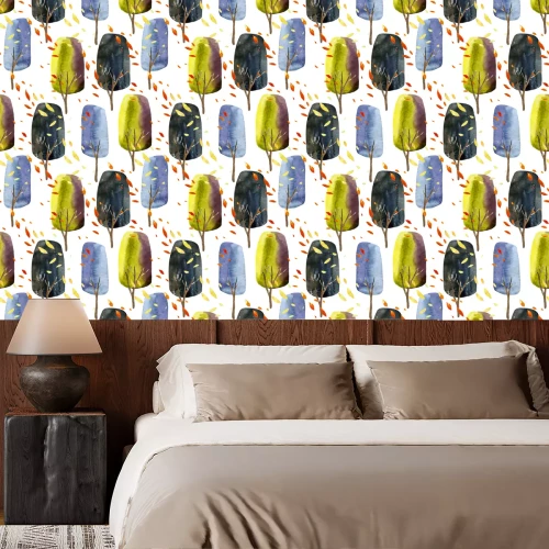 Tapete Aquarellbäume - fallende Blätter