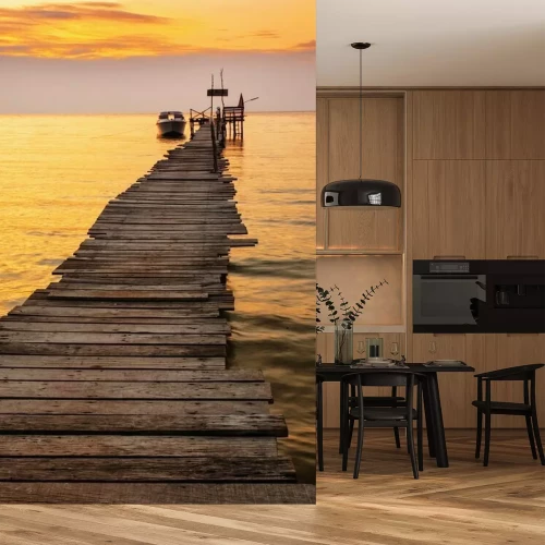 Fototapete Alter Steg mit Motorboot