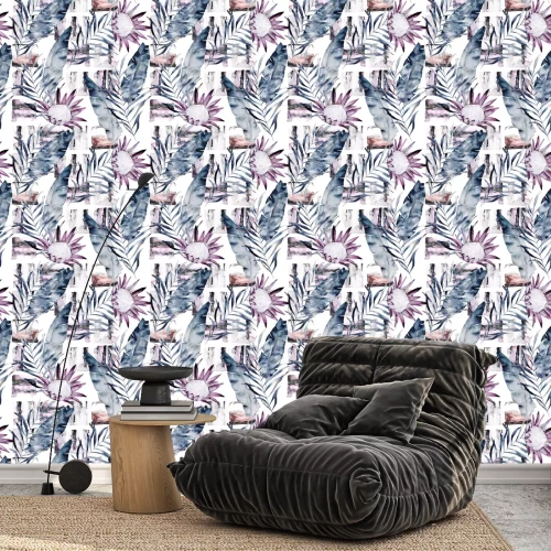 Tapete Abstrakter Druck mit Marmor zufälligen Elementen und Aquarellblättern, Blumen. Exotisches Muster im Retro-Stil. Hand gezeichnet Illustration