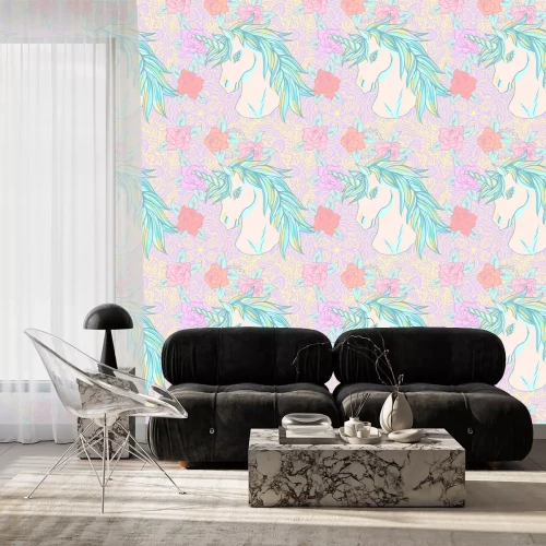 Tapete Einhorn und kleine Blumen