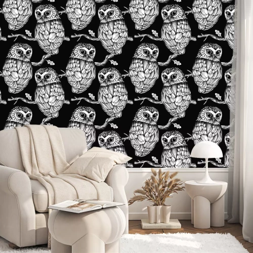 Tapete Schwarz-weiße Eule auf einem Ast