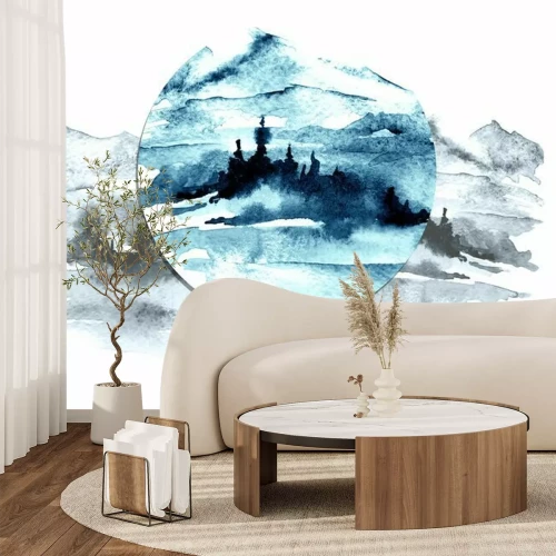 Sticker Aquarell Bild der Berge, Wald mit Pinien, Tanne, Zeder. Abstrakte Vintage-Spots von schwarz, weiß, blau. Auf einem weißen hintergrund. Postkarte, Bild, Poster, Logo.