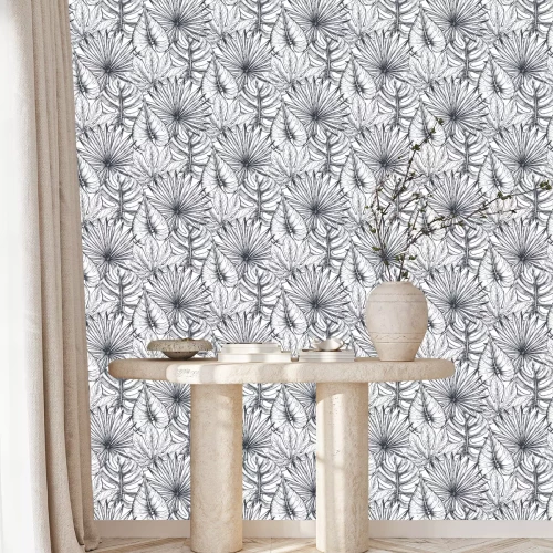 Tapete Tropische schwarze und weiße Blätter