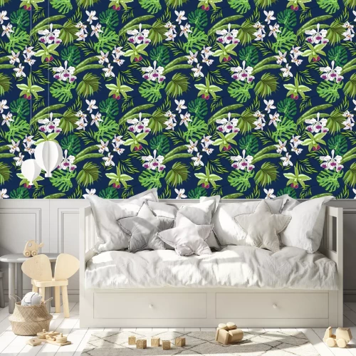 Tapete Nahtlose Vektor-Muster von exotischen Vektor gezeichneten Blumen und Blätter. Tropischer Hintergrund.