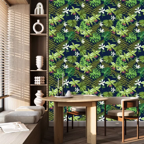 Tapete Nahtlose Vektor-Muster von exotischen Vektor gezeichneten Blumen und Blätter. Tropischer Hintergrund.