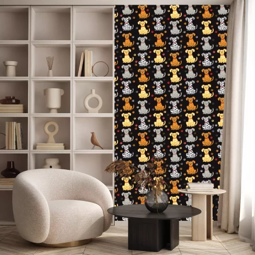 Tapete Bunte Hündchen auf schwarzem Hintergrund