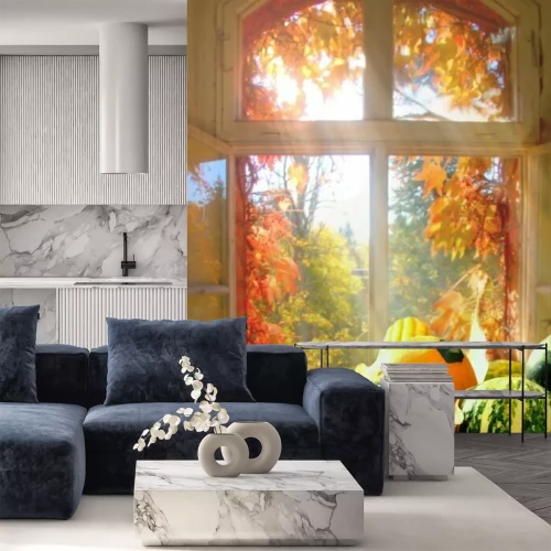 Fototapete Fenster mit Blick auf herbstliches Laub