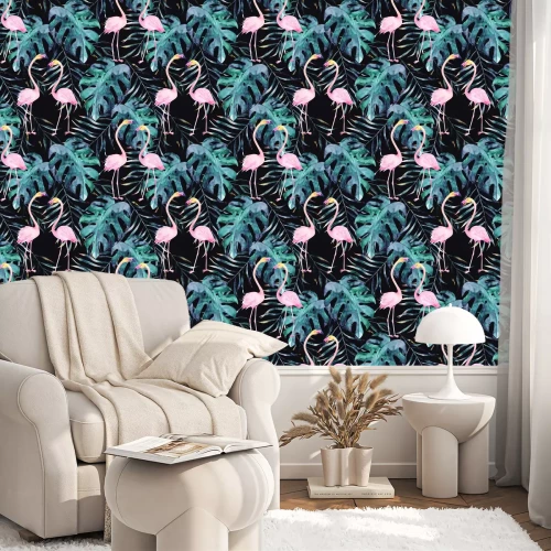 Tapete Flamingos und Monsterblätter auf schwarzem Hintergrund