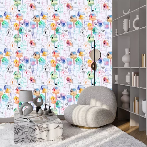 Tapete Aquarellvögel und Futterhäuschen