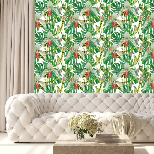 Tapete Musterblätter von Monstern und Orchideen, gut angelegt, geeignet zum Bedrucken von Stoff, Papier. Hintergrund - weiß