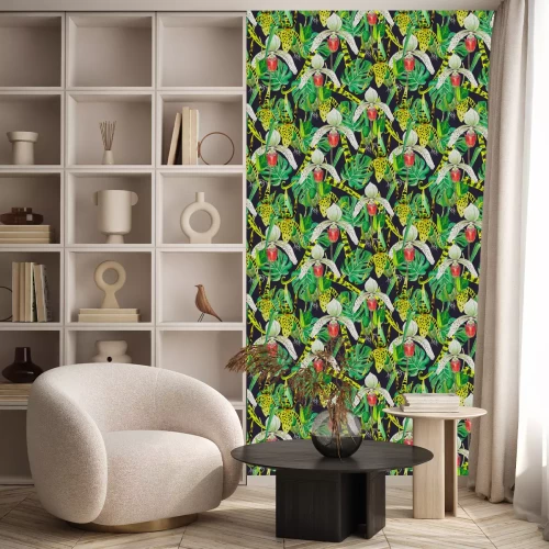 Tapete Musterblätter von Monstern und Orchideen. Hintergrund - schwarz