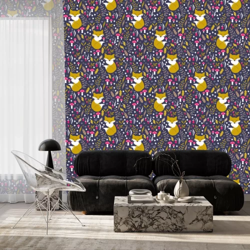 Tapete Orangefarbene Fliegenpilze und Pflanzen