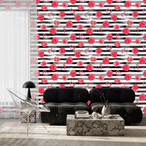 Tapete Rosen rote Herzen und Lippenabdruck