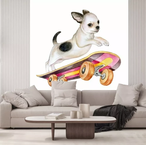 Sticker Ein Chihuahua-Hund auf einem Skateboard. Welpe isoliert auf weißem Hintergrund. Aquarell. Illustration