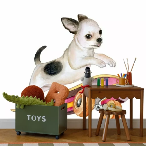 Sticker Ein Chihuahua-Hund auf einem Skateboard. Welpe isoliert auf weißem Hintergrund. Aquarell. Illustration