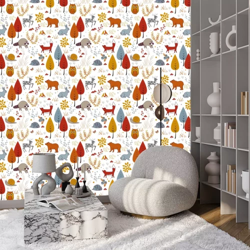 Tapete Nette Vektor nahtlose Muster mit Wald Pflanzen, Vögel, Bären, Hirsche, Waschbären und Fuchs. Kinder Herbst Hintergrund