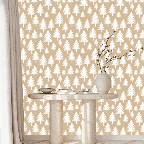 Tapete Zarte Weihnachtsbäume auf beigem Hintergrund