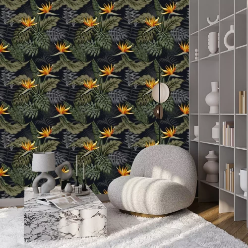 Tapete Dunkle Tropen mit exotischen Blättern