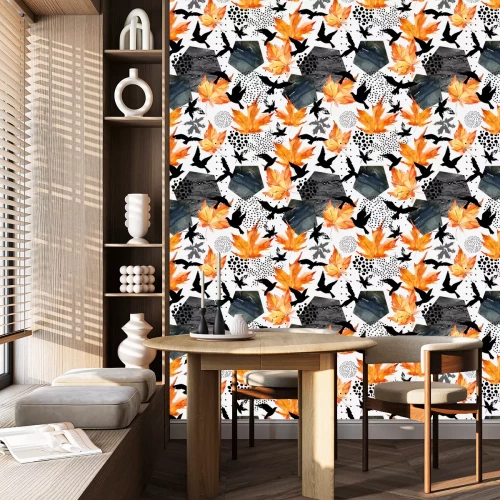 Tapete Thema mit Tupfenvögeln und Herbstlaub