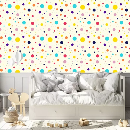 Tapete Beigefarbenes Muster mit großen und kleinen bunten Punkten