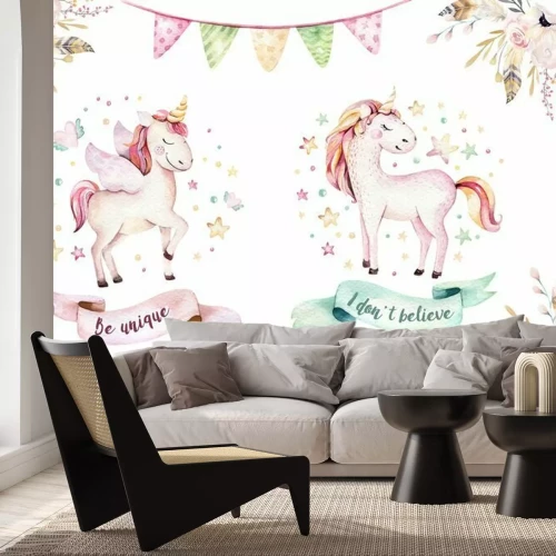 Fototapete Isoliert niedlichen Aquarell Einhorn Clipart. Nursery Einhörner Illustration. Prinzessin Regenbogen Einhörner Plakat. Modisches rosa Karikaturpferd