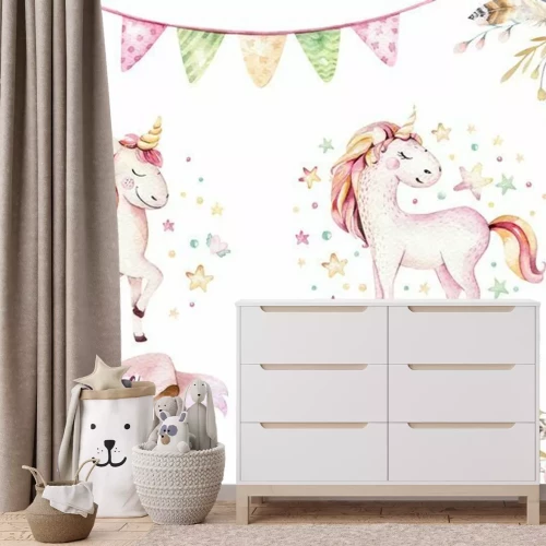 Fototapete Isoliert niedlichen Aquarell Einhorn Clipart. Nursery Einhörner Illustration. Prinzessin Regenbogen Einhörner Plakat. Modisches rosa Karikaturpferd