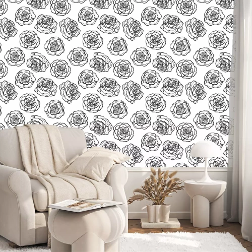 Tapete Schwarz-wei?e Grafik mit Rosenbl?ten