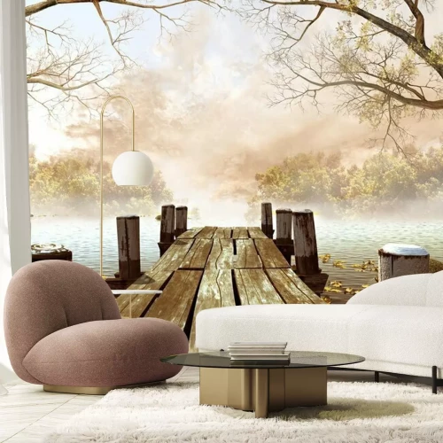 Fototapete Steg in nebliger Landschaft