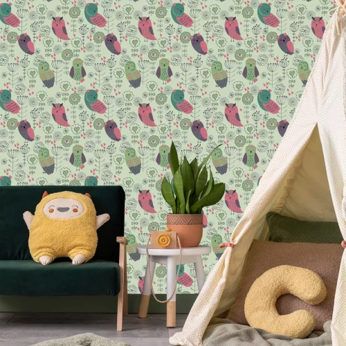 Tapete Eulen und Blumen mit Herzchen