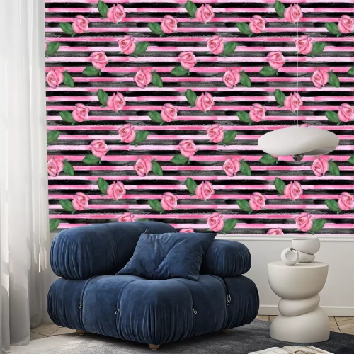 Tapete Rosa Rosen auf horizontalen Streifen
