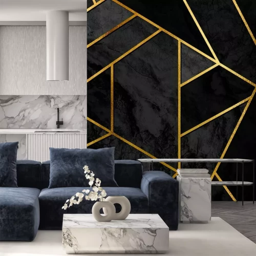 Sticker Modernes und stilvolles abstraktes Designplakat mit goldenen Linien und schwarzem geometrischem Muster.