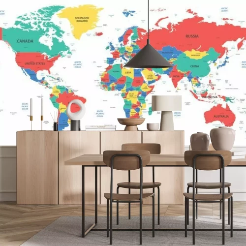 Fototapete Detaillierte Weltkarte mit Grenzen, Ländern und Städten