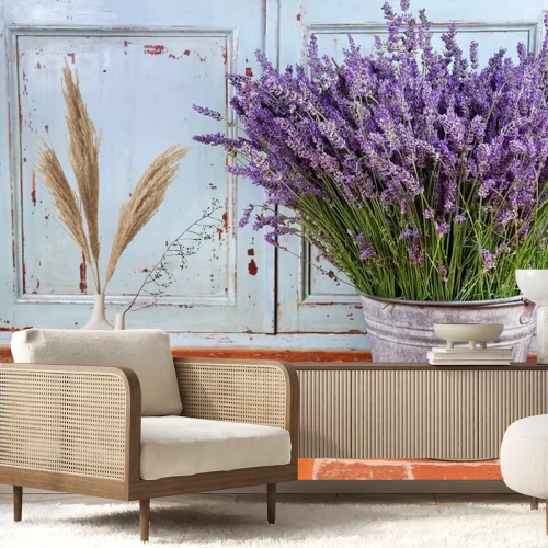 Fototapete Bouquet von Lavendel in einem rustikalen Rahmen