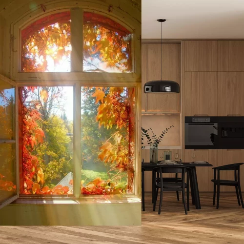 Fototapete Fensterblick auf buntes Herbstlaub