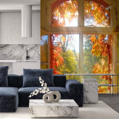 Sticker Fensterblick auf buntes Herbstlaub