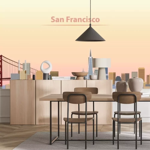 Sticker Vektor-Illustration von San Francisco Skyline der Stadt bei Sonnenaufgang